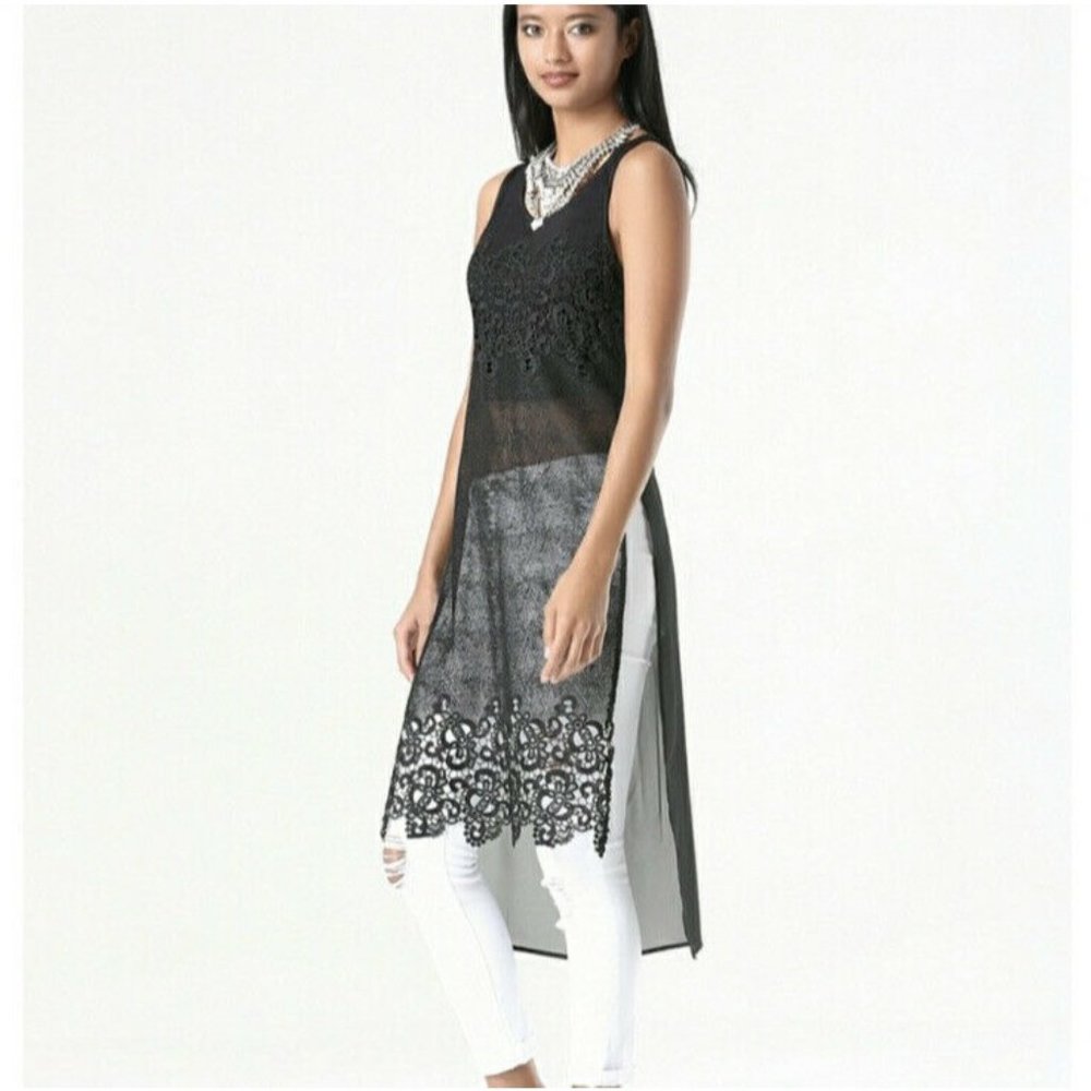 NWT Bebe Womens Black Size S Crochet Lace Sleeveless Long Tunic Tank Top $79.00